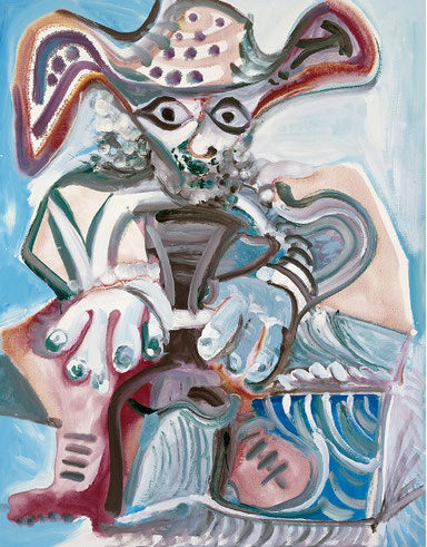 Picasso. Hombre sentado con un sombrero 1972.Óleo sobre lienzo 145x114cm.Museum Baden-Baden. La caricatura vuelve con fuerza a su obra cubista adoptando vistas de voyeur, de mosquetero o lúgubres calaveras que presagian su muerte.