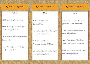 Programm Kindertreff für Februar, März und April