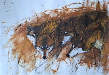 La meute - Faire corps, gouache-acrylique et fusain, papier 70x100cm, 2024