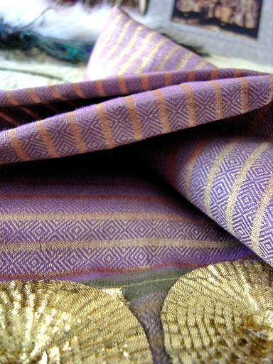 Gold-striped, lavendar, Indian handloom, cotton & silk throw with gold circles on jari border