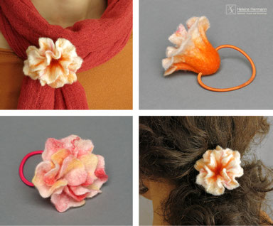Handgefilzte Haarblüten und Schalhalter aus Wolle, Filzkurs