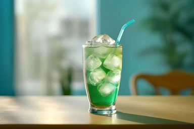 カフェのテーブルにサーブされたメロンソーダのグラス。