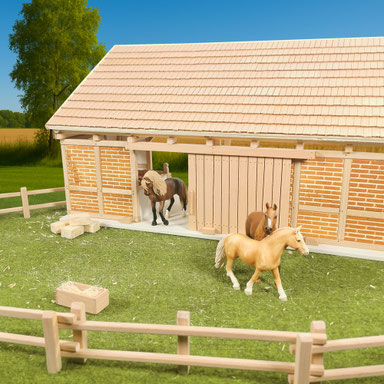 Holz Pferdestall im Maßstab für Schleich® Pferde mit Koppel und Dekoration | 3zinken