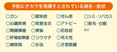 ○ガン ○心臓疾患 ○胃腸障害 ○肝機能障害 ○糖尿病 ○気管支炎 ○便秘 ○リウマチ ○水虫 ○ぜん息 ○アトピー ○花粉症 ○冷え性 ○子宮筋腫 ○シミ・ソバカス○脱毛・白髪 などに