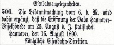 Bekanntmachung vom 16.8.1890 über die Eröffnung der Bahnstrecke, veröffentlicht im Amtsblatt vom 22.8.1890