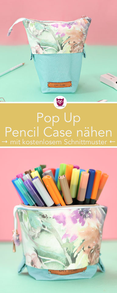 [Werbung] Pop up pencil case nähen mit kostenlosem Schnittmuster. Federtasche für 50 Stifte. Hochkant Schlamperrolle zum Herunterziehen. Nähanleitung auch für Anfänger von DIY Eule. Perfekte Geschenkidee:  Stiftemäppchen.