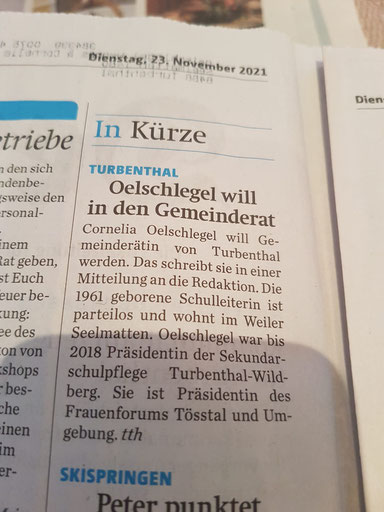 Bericht im Der Tössthaler vom 23. November 2021