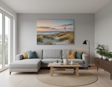 Leinebild auf Keilrahmen im Wohnzimmer.