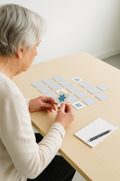 Kognitives Training in der Ergotherapie in Rheinfelden – Übung ältere Dame mit Memory Karten