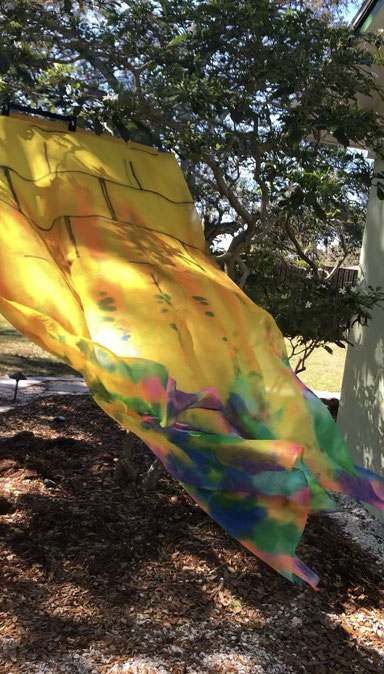 Blue swirls and an image of earth on silk flags