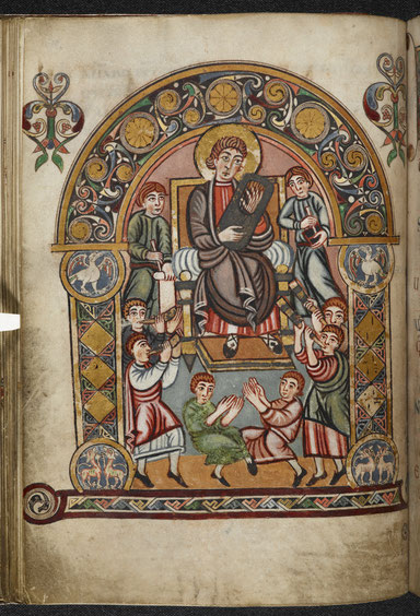 England, 8th century A.D. Folio 30v from the Vespasian Psalter, Canterbury Psalter, MS Cotton Vespasian A.I. The Anglo_saxon Lyre being played using the Block and Strum technique.
