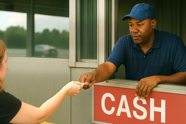 フロリダ州の有料道路料金所で現金支払いを行う様子。Cash Lanesには「Exact Coins（ちょうどの金額専用）」と「Change Receipts（お釣りあり）」があり、レーン数が少ないため混雑しやすい。Sun PassやE-Passの自動支払いに比べて待ち時間が長くなる傾向がある