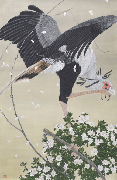 「開花」和紙、膠、岩絵の具、墨、胡粉、金泥、金箔　M40号