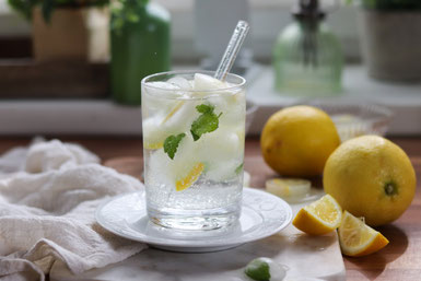 Mineralwasser mit Zitroneneiswürfel