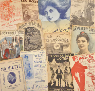 Petits formats de quelques chansonnettes de café-concert que les musiciens auvergnats interprétaient dans les bals musette de la Belle Époque (coll. Tiennet Simonnin)