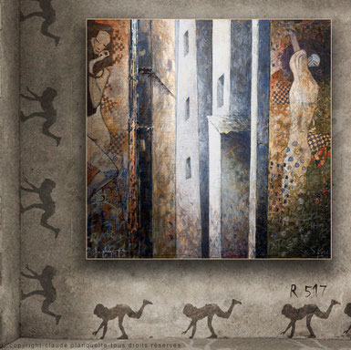 rues,deux femmes sur les murs,couleurs orangées, impressionnisme
