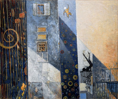 décor mural volutrs a gauche,rues,fenètres, astronaute dans le fond ciel, nue féminin en ombre chinoise sur mur jaune,impressionniste