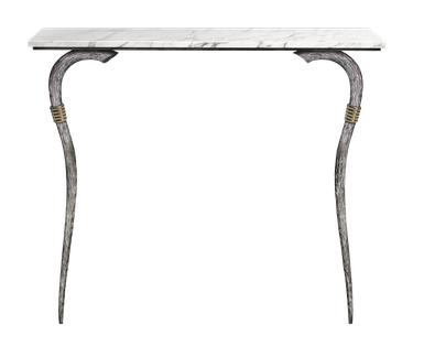 console Ethnic aluminium anneaux laiton et plateau rectangulaire en marbre blanc