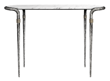 console Ethnic aluminium texturé, anneaux en laiton et plateau ovale en marbre blanc