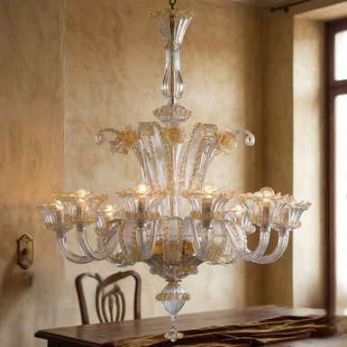 lampadario Cavendramin in vetro di Murano lavorato a mano stile classico veneziano con bracci decorati e dettagli raffinati elegante per salone prestigioso made in Italy