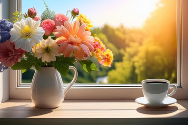 窓辺に飾られた花瓶。大輪の花たち。隣にコーヒーのカップ。