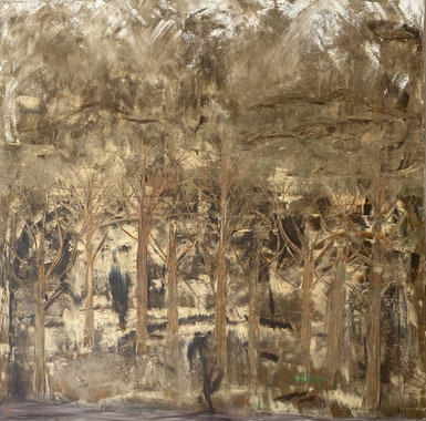 Peinture d'une forêt avec des arbres et montagnes
