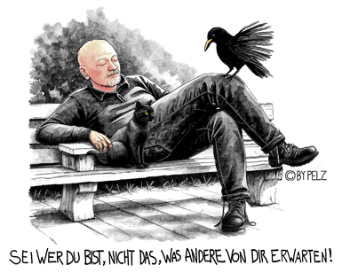 Copyright & Design by Pelz Kreativ 2026 / My home it wherever creativity is. Selbstportrait, Zeichnung, Grafik, Katze, Rabe, gelb, schwarz, weiß, sitzen, Gartenbank, Tierfreund, Augen zu, entspannen, Boden, Pflanzen, Boots.
