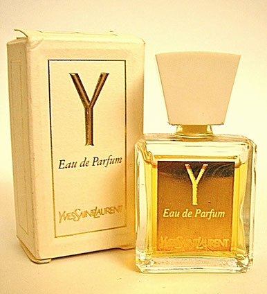 Y - EAU DE PARFUM : MINIATURE DIFFERENTE DES AUTRES : SA FACE EST DOREE, AVEC SERIGRAPHIE TRANSPARENTE - BOUCHON EN PLASTIQUE BLANC