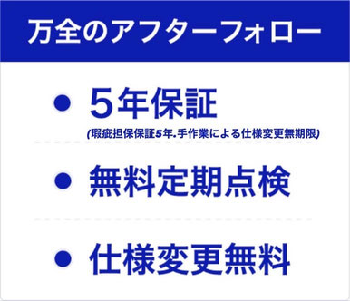 万全のアフターフォロー。5年保証、無料定期点検、仕様変更無料。
