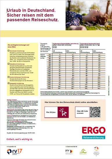PDF-Reiseschutz-Flyer mit Buchungslink für die Deutschland-Reiseversicherung der ERGO, die Reiserücktritts-Versicherung und das Deutschland-Reiseschutz-Paket