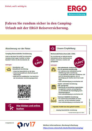 PDF-Flyer für die ERGO Camping-Reiseversicherungen, die Reiserücktritts-Versicherung und den Wohnmobil-Reiseschutz