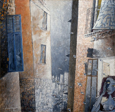 rues et murs orangés, fenètres et un volet bleu a gauche, un visage bleu féminin a droite dans une fenêtre