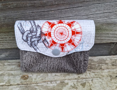 Petit porte-monnaie accordéon  homme tissu blanc cassé rose des vents  faux cuir gris 3 compartiments