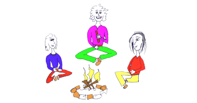 Männchen sitzen erzählend um ein Feuer herum