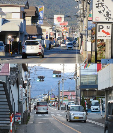 下:県道5号線西八幡付近、上:山交廃軌道徳行付近