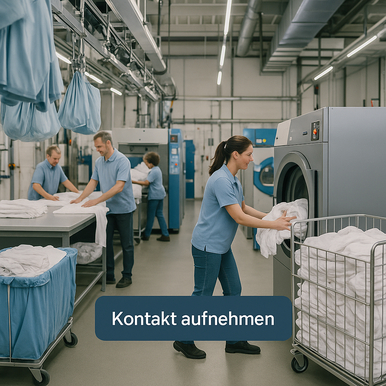 Große gewerbliche Wäscherei mit mehreren Mitarbeitern, die Wäsche sortieren und in industrielle Waschmaschinen laden. Auf dem Bild ein Call-to-Action Button mit dem Text "Kontakt aufnehmen".