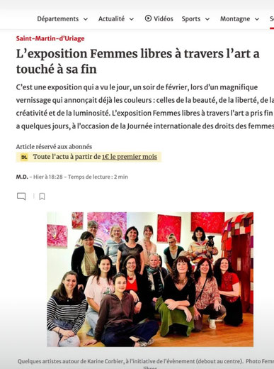 article Dauphiné Libéré 12 mars 2026 - exposition Femmes Libres à travers l'art à Saint Martin d'Uriage au centre culture Jeannine Creissels - photo finissage 8 mars Caroline SIMON artiste peintre Savoie