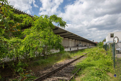 Ein Blick zurück in Richtung des LKW-Abstellplatzes. Die rechts verlaufende Röblingstraße nähert sich dem Güterbahnhofsgelände. 
