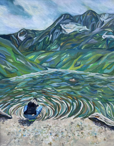 Bergsee mit weiblicher Figur in grün Acryl auf Malpappe