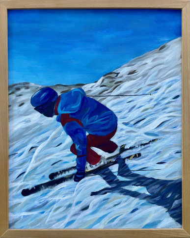Skifahrer in blau rot  Acryl auf Malpappe