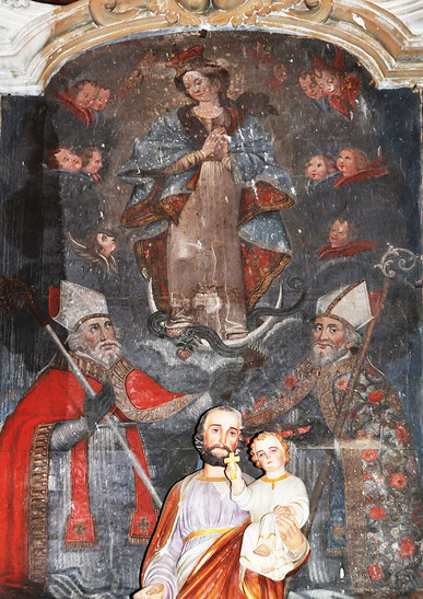 Ortiporio - Saint Blaise tenant le peigne en fer de son supplice et Saint Augustin aux pieds de l'Immaculée Conception - Giacomo Grandi