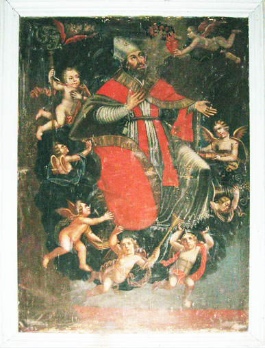 Apothéose de Saint Augustin  - Assis sur sa cathèdre soutenue par des anges Augustin est entouré d'autres anges qui présentent ses attributs - Giacomo Grandi - 