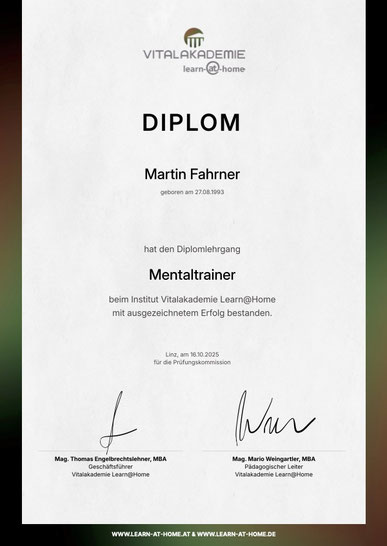 Mein Diplom von der Vitalakademie Lern@home mit Sitz in Linz vom 16.10.25