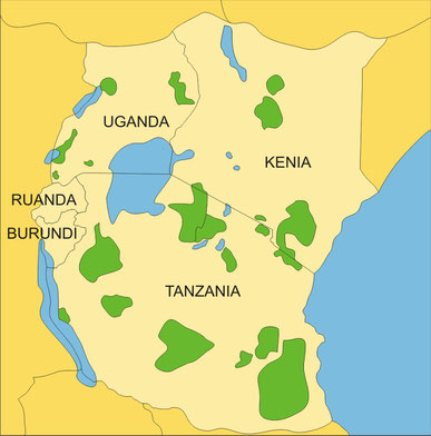 Länder Ostafrika:  Kenia, Tanzania, Uganda