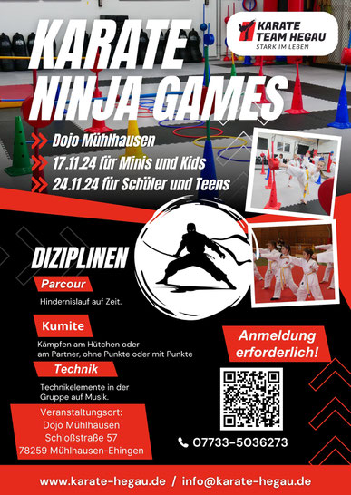 Auf dem Bild zu sehen, Termine Bilder von Kindern die Karate Ausüben, QR Code, Adresse Karate Dojo Engen e.V. Im Hintergrund ein Parcour der Aufgebaut ist. Glückliche Kinder. 