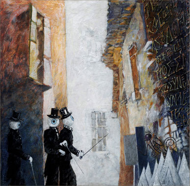 rues, trois personnages en smoking et chapeaux  haut de forme,