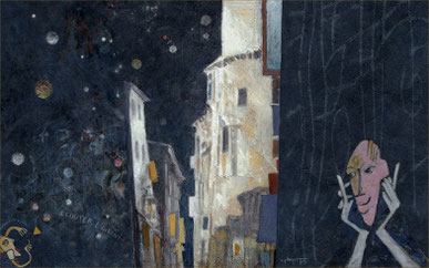 rues et fenêtres,volets,avec deux murs bleus, petit musicien a gauche et des planetes, a droite un visage rose