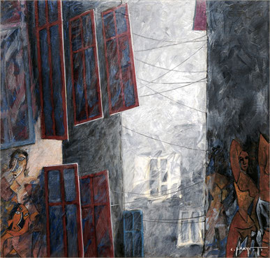 rues avec volets rouges et bleus, silouhaites feminines