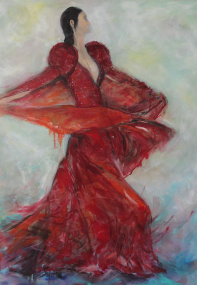 lady in red    70  x  100   Acryl, Pastellkreiden