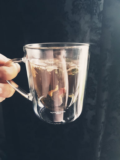 Eine Hand hält eine durchsichtige Teetasse in der Kräuter zu sehen sind, vor einem schwarzen Hintergrund